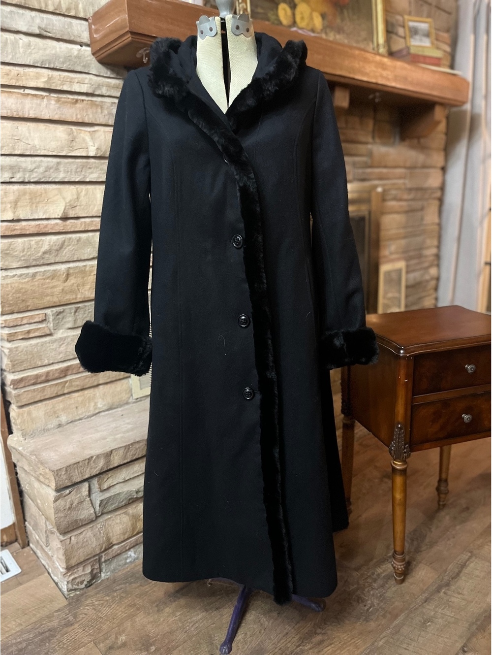 Vintage Donnybrook Black Wool Maxi Coat Faux Fur Trim Hood Size 8 Whimsigoth
